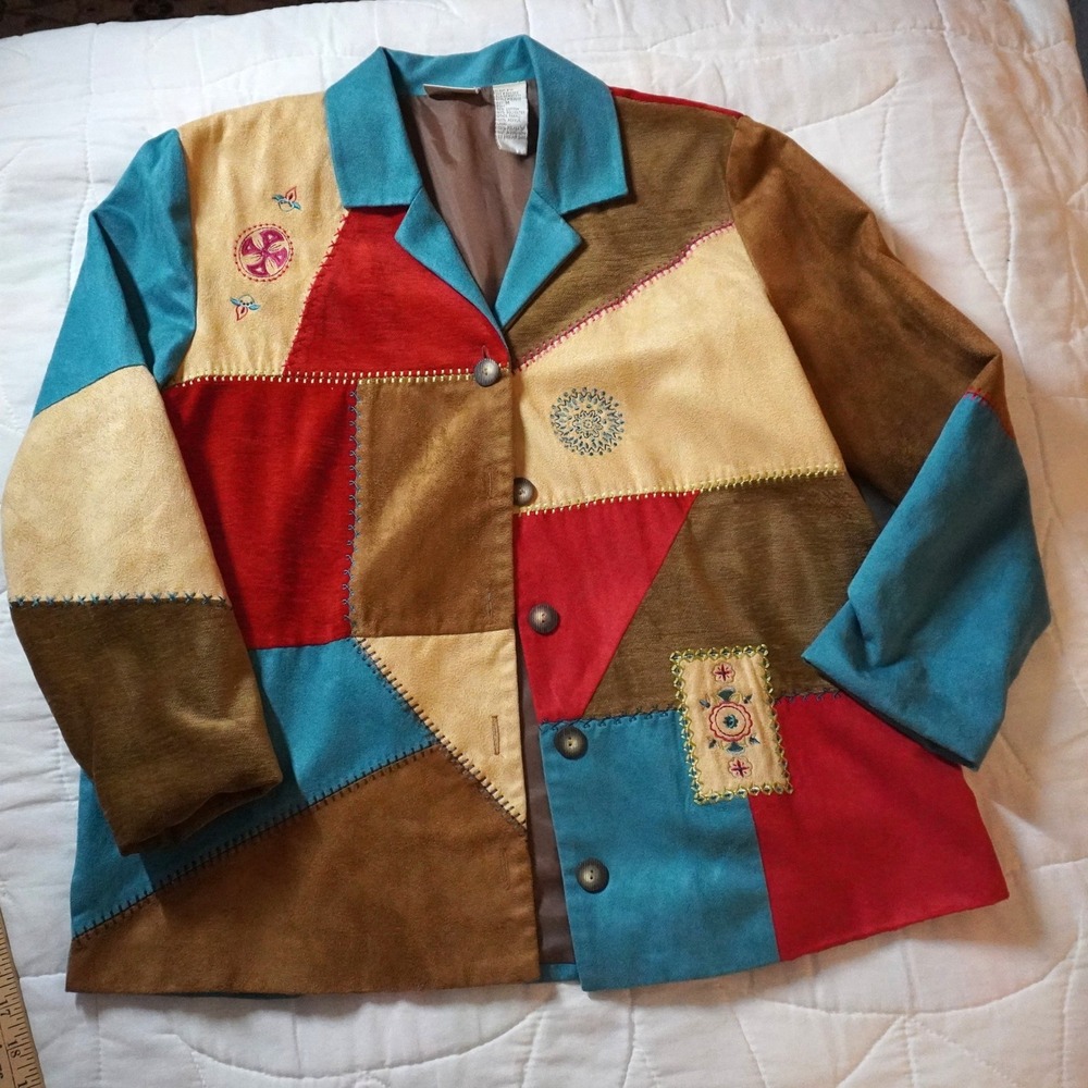 KORET Patchwork Suede Blazer Jacket Women Medium Turquoise Red Tan Brown Boho